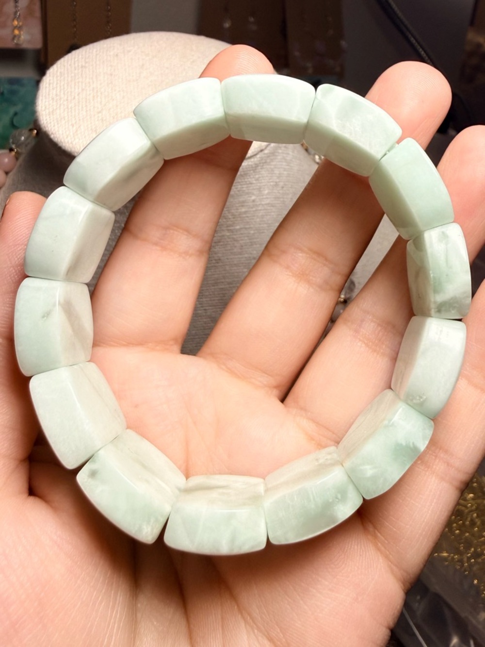 Green Moonstone Bangle Bracelet Chunky Gemstone Stretch Bracelet - Picture 3 of 6
